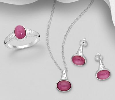 La Preciada - 925 Sterling Silver Push-Back Earrings, Ring and Pendant Jewelry Set, Decorated with Ruby and White Topaz