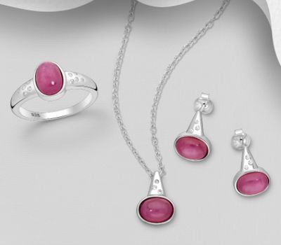 Malın səhifəsinə keç La Preciada - 925 Sterling Silver Push-Back Earrings, Ring and Pendant Jewelry Set, Decorated with Ruby and White Topaz