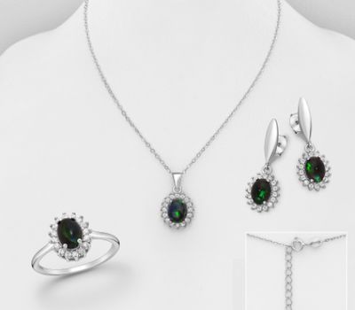 La Preciada - 925 Sterling Silver Oval Push-Back Earrings, Ring and Necklace Jewelry Set, Decorated with CZ Simulated Diamonds and Ethiopian Opal