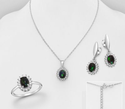 Şəkli böyütmək üçün tiklayın La Preciada - 925 Sterling Silver Oval Push-Back Earrings, Ring and Necklace Jewelry Set, Decorated with CZ Simulated Diamonds and Ethiopian Opal