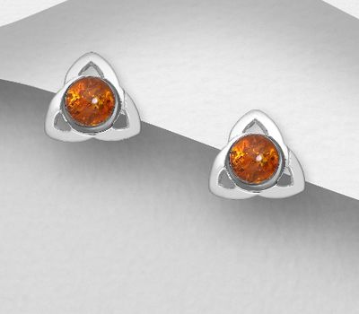 925 Sterling Silver Push-Back Earrings, Decorated with Baltic Amber