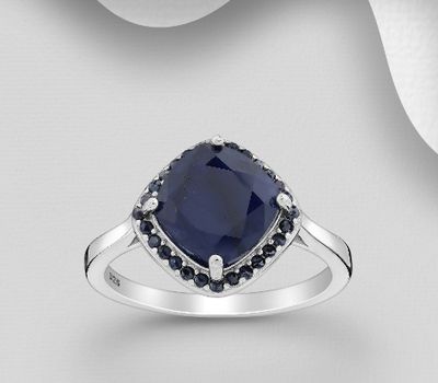 La Preciada - 925 Sterling Silver Rhombus Ring, Decorated CZ Simulated Diamonds and Blue Sapphire