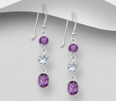 La Preciada - 925 Sterling Silver Hook Earrings, Decorated with Amethyst and Sky-Blue Topaz