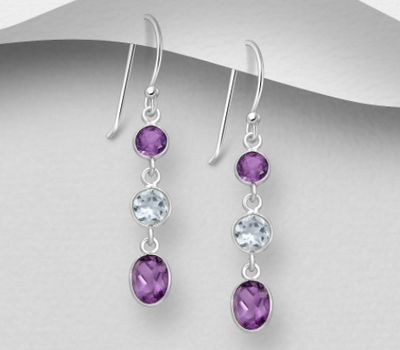 Şəkli böyütmək üçün tiklayın La Preciada - 925 Sterling Silver Hook Earrings, Decorated with Amethyst and Sky-Blue Topaz