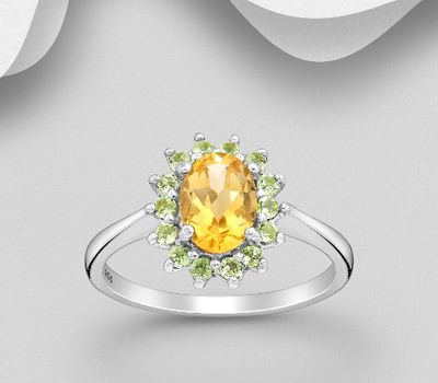 La Preciada - 925 Sterling Silver Oval Ring, Decorated with Citrine and Peridot