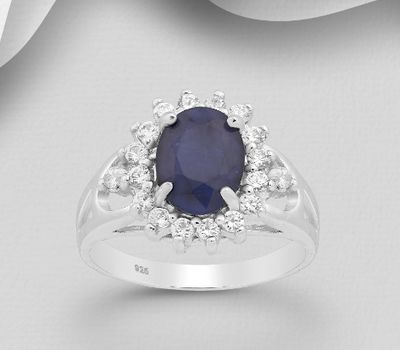 925 Sterling Silver Halo Ring, Decorated with CZ Simulated Diamonds and Blue Sapphire or Green Agate.