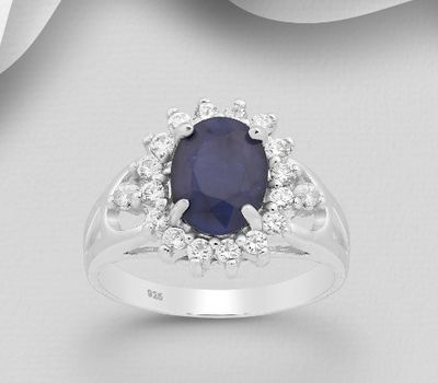 Şəkli böyütmək üçün tiklayın 925 Sterling Silver Halo Ring, Decorated with CZ Simulated Diamonds and Blue Sapphire or Green Agate.