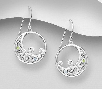 La Preciada - 925 Sterling Silver Oxidized Celtic and Swirl Hook Earrings, Decorated with Peridot and Sky-Blue Topaz