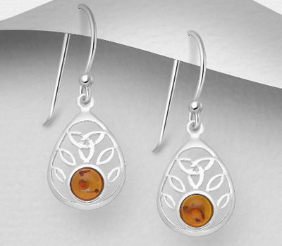 925 Sterling Silver Celtic Hook Earrings, Decorated with Baltic Amber