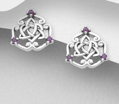 Şəkli böyütmək üçün tiklayın 925 Sterling Silver Celtic Push-Back Earrings, Decorated with Amethyst