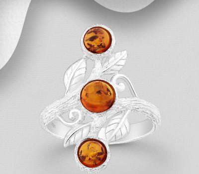 925 Sterling Silver Swirl and Leaf Ring, Decorated with Baltic Amber
