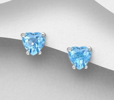925 Sterling Silver Heart Push-Back Earrings, Decorated with Swiss Blue Topaz