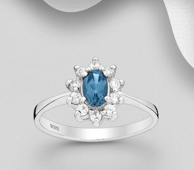 925 Sterling Silver Ring, Decorated with CZ Simulated Diamonds and London Blue Topaz