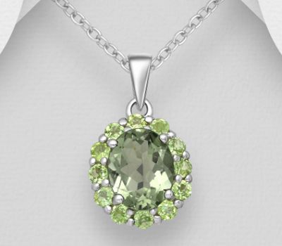 La Preciada - 925 Sterling Silver Oval Halo Pendant, Decorated with Green Amethyst and Peridot