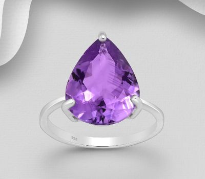 La Preciada - 925 Sterling Silver Solitaire Pear-shaped Ring, Decorated with Amethyst