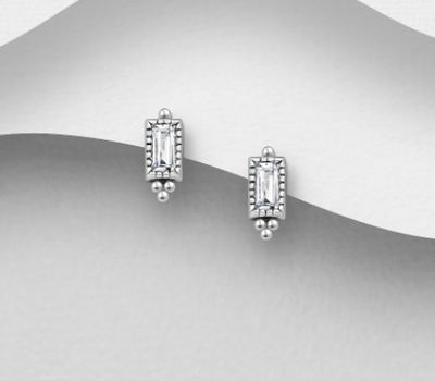 La Preciada - 925 Sterling Silver Oxidized Rectangle Push-Back Earrings, Decorated with White Topaz