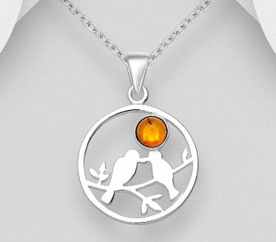 925 Sterling Silver Bird Pendant Featuring Branch, Decorated with Baltic Amber