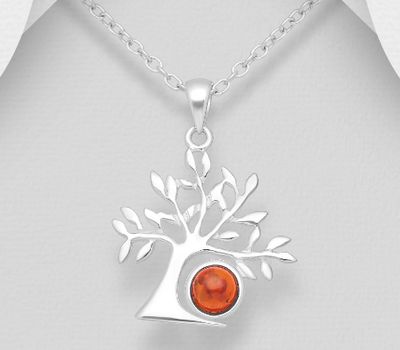 925 Sterling Silver Tree of Life Pendant, Decorated with Baltic Amber