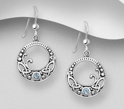 925 Sterling Silver Oxidized Celtic Hook Earrings,  Decorated with Various Gemstones