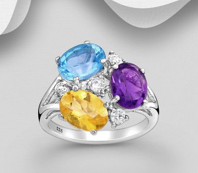 925 Sterling Silver Ring, Decorated with CZ Simulated Diamonds and Various Gemstones. Gemstones Colors may Vary.