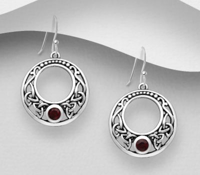 925 Sterling Silver Oxidized Celtic Hook Earrings, Decorated with Various Gemstones