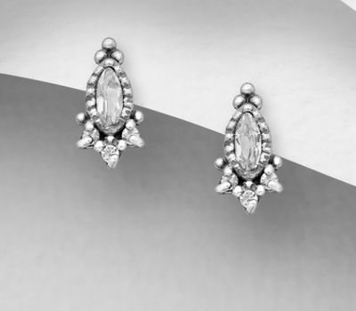 925 Sterling Silver Marquise Push-Back Earrings, Decorated with White Topaz