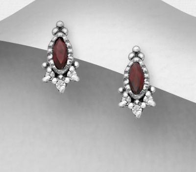 925 Sterling Silver Marquise Push-Back Earrings, Decorated with Garnet