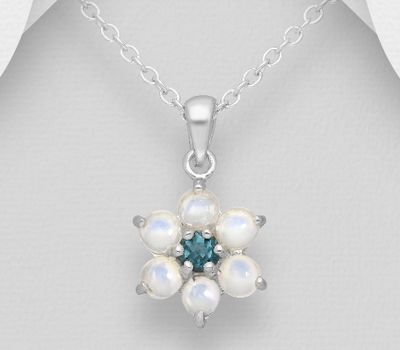 La Preciada - 925 Sterling Silver Flower Pendant, Decorated with London Blue Topaz and Ethiopian Opals