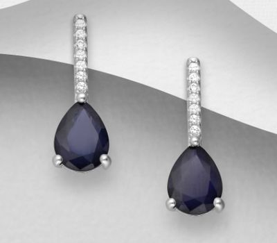 La Preciada - 925 Sterling Silver Push-Back Earrings, Decorated with Blue Sapphires and CZ Simulated Diamonds