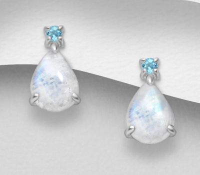 La Preciada - 925 Sterling Silver Droplet Push-Back Earrings, Decorated with Rainbow Moonstone and Sky-Blue Topaz