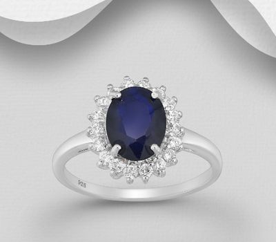 925 Sterling Silver Halo Ring, Decorated with Blue Sapphire and CZ Simulated Diamonds
