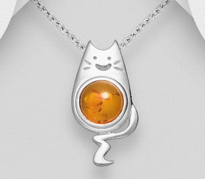 925 Sterling Silver Cat Pendant, Decorated with Baltic Amber