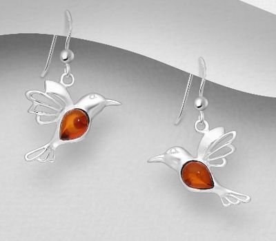925 Sterling Silver Hummingbird Hook Earrings, Decorated with Baltic Amber