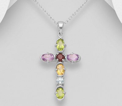 925 Sterling Silver Cross Pendant, Decorated with Various Gemstones.