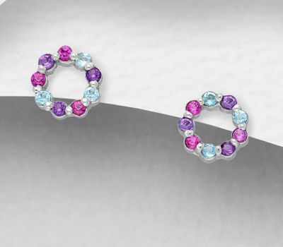 La Preciada - 925 Sterling Silver Halo Push-Back Earrings, Decorated with Pink Sapphire, Amethyst and Sky-Blue Topaz