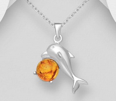 925 Sterling Silver Dolphin Pendant, Decorated with Baltic Amber