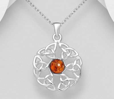 925 Sterling Silver Celtic Pendant, Decorated with Baltic Amber