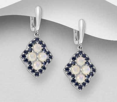 Şəkli böyütmək üçün tiklayın La Preciada - 925 Sterling Silver Rhombus Omega Lock Earrings, Decorated with Ethiopian Opal and Black Zircon