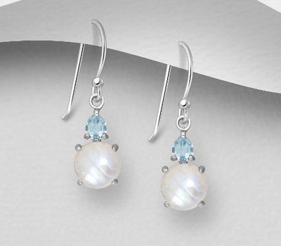 Şəkli böyütmək üçün tiklayın La Preciada - 925 Sterling Silver Hook Earrings, Decorated with Rainbow Moonstone and Sky-Blue Topaz