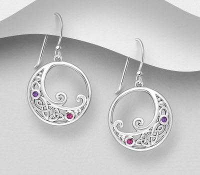 Şəkli böyütmək üçün tiklayın La Preciada - 925 Sterling Silver Oxidized Celtic and Swirl Hook Earrings, Decorated with Pink Sapphire and Amethyst