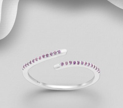 La Preciada - 925 Sterling Silver Adjustable Ring, Decorated with Amethyst