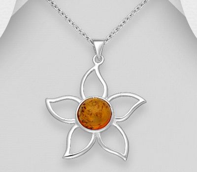 925 Sterling Silver Flower Pendant, Decorated with Baltic Amber