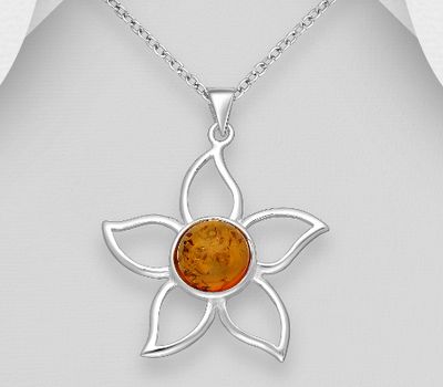 Şəkli böyütmək üçün tiklayın 925 Sterling Silver Flower Pendant, Decorated with Baltic Amber