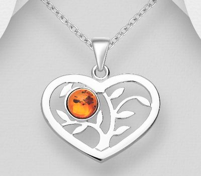 925 Sterling Silver Heart Pendant Featuring Tree, Decorated with Baltic Amber