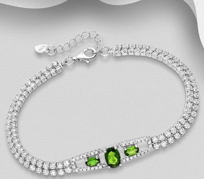 Malın səhifəsinə keç 925 Sterling Silver Bracelet, Decorated with CZ Simulated Diamonds and Chrome Diopside