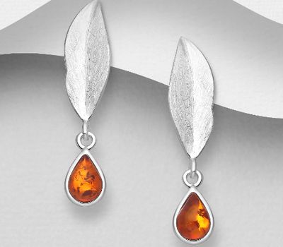 925 Sterling Silver Leaf Push-Back Earrings, Decorated with Baltic Amber