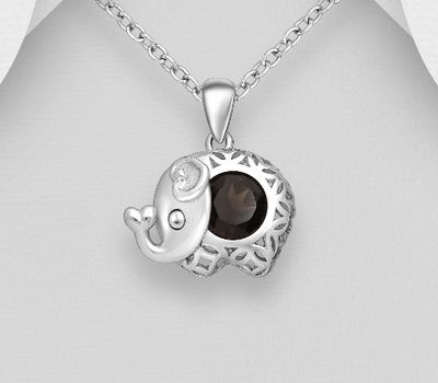 925 Sterling Silver Elephant Pendant, Decorated with Smoky Quartz