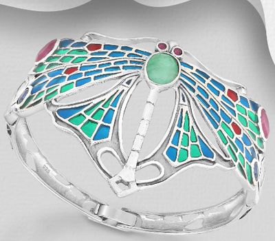 925 Sterling Silver Dragonfly Bracelet, Decorated with Colored Enamel and Various Gemstones