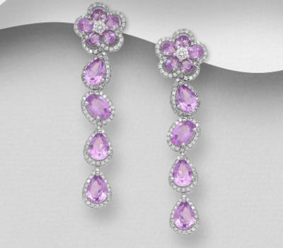 Malın səhifəsinə keç La Preciada - 925 Sterling Silver Flower Omega Lock Earrings, Decorated with Various Gemstones and CZ Simulated Diamonds