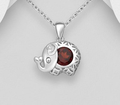 925 Sterling Silver Elephant Pendant, Decorated with Garnet